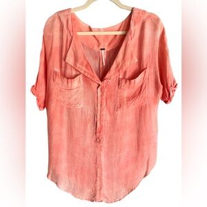 Free People Crinkle Pocket Coral V-neck Blouse Sz M